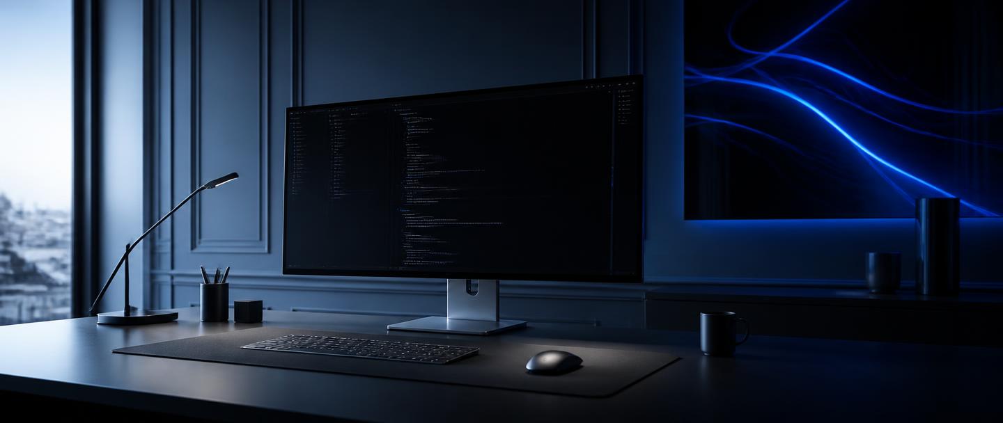 Poste de travail logiciel avec écran de code et éclairage bleu